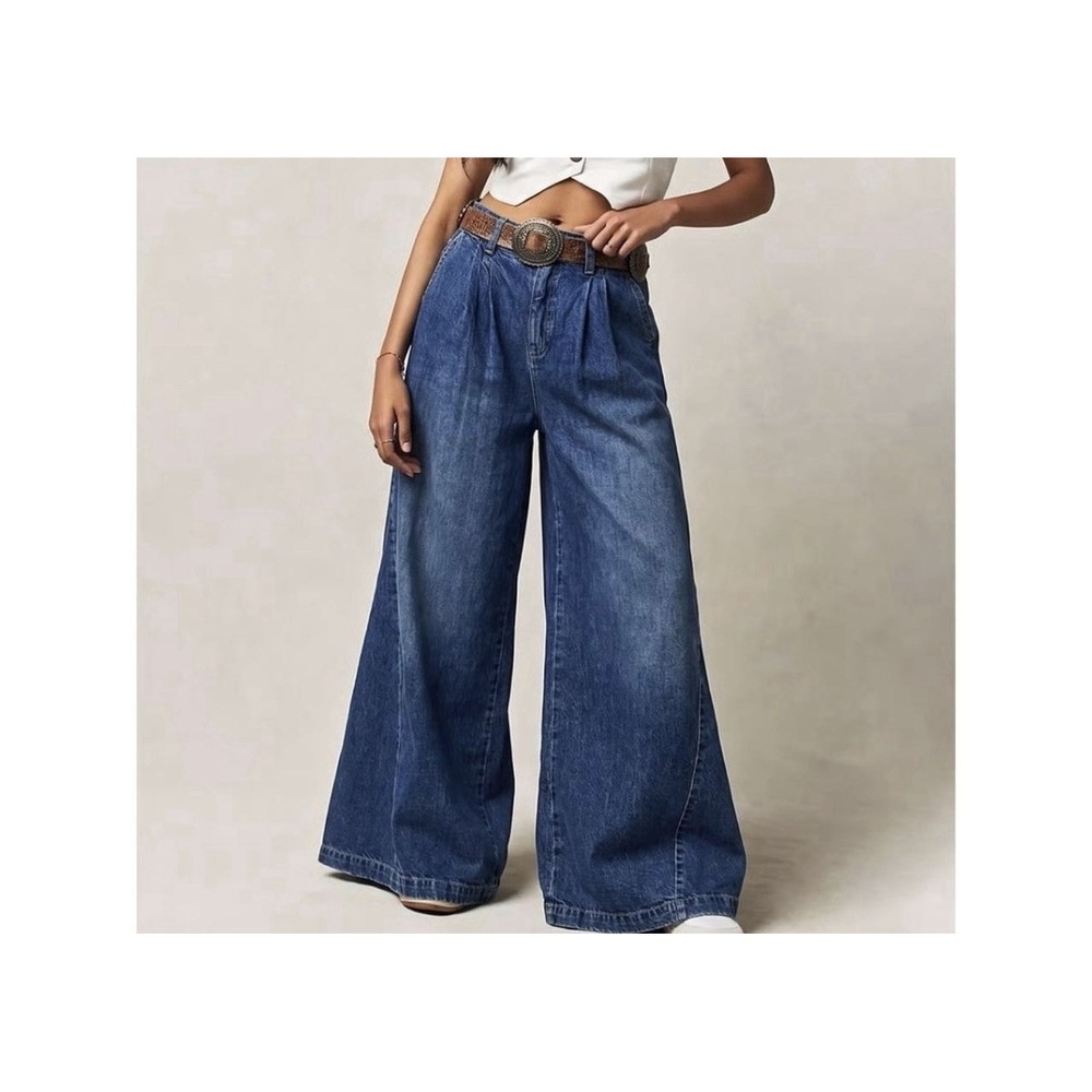We The Free People Equinox Denim Trouser Wide Leg Pleated Jeans Blue Size 28